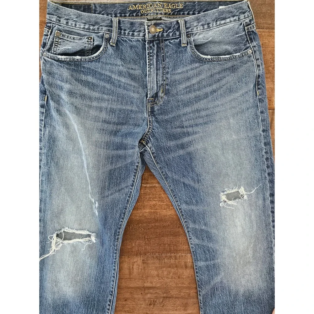 Distressed American Eagle Mens Skater Boot Jeans 36x32 Blue Distressed Bootcut